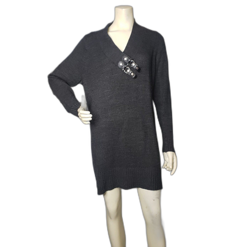 KENAR Charcoal Tunic Sweater with Faux Leather Buckle Detail Womens Plus Size 1X